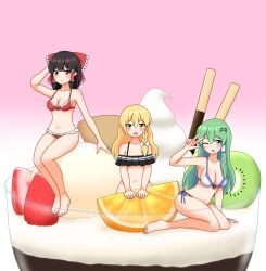 ass bikini breasts female marisa_kirisame navel pre-transformation reimu_hakurei sanae_kochiya thick_thighs touhou transformation wide_hips yu_(pixiv_artist)