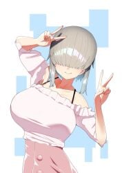 absurdres arm_up bare_shoulders bra_strap breasts collarbone double_v female frills grey_hair hair_over_eyes highres large_breasts long_bangs off-shoulder_shirt off_shoulder peace_sign pink_shirt shiny_skin shirt shita_(yagisauce_07) short_hair short_hair_with_long_locks sidelocks smile upper_body uzaki-chan_wa_asobitai! uzaki_yanagi v