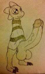 anthro balls big_balls big_penis bodily_fluids bottomless clothed clothing erection genital_fluids genitals gigaboy huge_balls huge_cock hyper hyper_genitalia hyper_penis lizard male monochrome monster_kid penis precum reptile scalie smile solo sweater topwear undertale_(series)