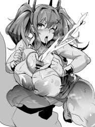 1boy 1girls absurdres azur_lane blush breasts bremerton_(azur_lane) bremerton_(scorching-hot_training)_(azur_lane) clothes_lift cum drums_(flavius_dramus) ejaculation female highres large_breasts long_hair monochrome nipples one_eye_closed paizuri paizuri_under_clothes saliva shirt_lift straight sweat tongue tongue_out twintails