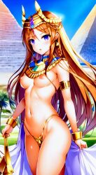 1girls ai_generated breasts brown_hair clothing egyptian egyptian_clothes egyptian_female female female_only light-skinned_female light_skin long_hair medium_breasts midriff nipples nude nude_female purple_eyes pyramid