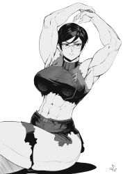 1girls abs armpits arms_up biceps commission eyewear glasses greyscale hi_res monochrome muscular muscular_arms muscular_female obliques original original_character serratus_anterior short_hair signature simple_background sitting speedl00ver thick_thighs torn_clothes white_background