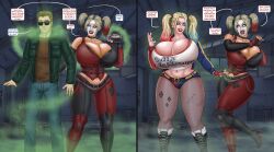 batman:_arkham_city batman_(series) before_and_after big_breasts bimbofication blonde_hair breasts choker comic dc dc_comics dialogue female gas harley_quinn hi_res highres hourglass_figure huge_breasts hyper_bimbo large_breasts male mtf_transformation narrow_waist saturnxart suicide_squad text thick_thighs transformation twinning twintails white_facepaint word_balloon