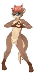 andromorph anthro auburn_hair b-ern blue_eyes brown_body brown_fur cuntboy eyewear eyewear_only fur glasses glasses_only hair hi_res humanoid iemier intersex mammal mustelid nude otter short_hair smile solo tan_body tan_fur teeth_showing watermark