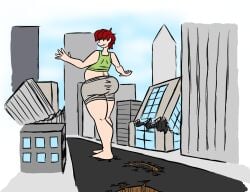 1girls blanham17 chubby city city_destruction commission destroyed_building giantess green_eyes green_tank_top macro original original_character red_hair road short_hair shorts smashing smile smirk thick_thighs