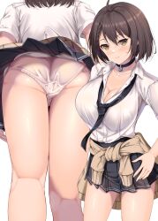 1girls ass azur_lane baltimore_(azur_lane) big_breasts breasts brown_hair busty cleavage clothes_around_waist female female_only from_below fukuda_shuushi hand_on_hip large_breasts legs looking_at_viewer necktie panties school_uniform short_hair skirt smile solo sweater sweater_around_waist thighs underwear voluptuous yellow_eyes