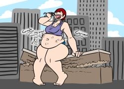 1girls ambiguous_prey blanham17 blue_tank_top chubby city city_destruction commission destroyed_building digestion digestion_noises giantess green_eyes macro male_prey multiple_prey original original_character pre_vore red_hair road short_hair shorts smashing smile smirk stomach_noises struggling struggling_prey thick_thighs vore vore_belly