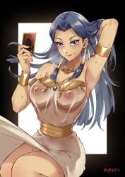 1girls arm_up armpits blue_eyes blue_hair blush cleavage dark-skinned_female dark_skin dress female_only holding_card isis_ishtar long_hair looking_at_viewer medium_breasts mibry_(phrysm) necklace nipples nipples_visible_through_clothing solo_focus sweat thick_thighs thighs tongue tongue_out uncensored yu-gi-oh! yu-gi-oh!_duel_monsters