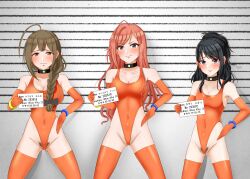 3girls arisugawa_natsuha ass breasts covered_navel female female_only haigure highleg idolmaster idolmaster_shiny_colors isobeage kazano_hiori kuwayama_chiyuki leotard orange_leotard pubic_hair