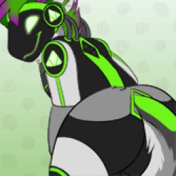 ambiguous_gender animated ass ass_focus clothed edit furry green_background green_body green_hair looking_back luckywolfusky machine protogen robot short_playtime smile tagme tail tailwag traced twerking white_fur