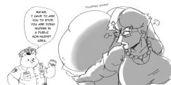 bear big_breasts black_and_white cleavage dialogue doughy_ass dumptruck_ass dumptruck_butt english_text exposed_ass exposure furry glasses huge_ass karen karen_(sketchyboi08) olozva police police_car police_hat police_uniform public public_exposure sketchyboi08