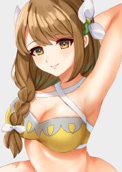 1girls alternate_costume arm_behind_head arm_up bikini braid breasts brown_eyes brown_hair closed_mouth edamameoka female female female_only fire_emblem fire_emblem_engage goldmary_(fire_emblem) hair_ornament hair_ribbon highres large_breasts looking_at_viewer medium_hair mole mole_on_breast nintendo ribbon side_braid solo swimsuit white_ribbon yellow_bikini yellow_swimsuit