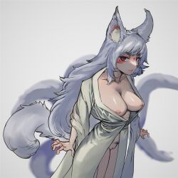 1girls animal_ears animal_tail bare_pussy bathrobe bathrobe_only big_breasts bottomless breasts cleavage exposed_breasts exposed_pussy fluffy_ears fluffy_tail fluffy_tails fox_ears fox_girl fox_tail hi_res highres hikamio nijisanji nijisanji_en nina_kosaka nine_tailed_fox pussy red_eyeliner red_eyes red_eyeshadow silver_hair solo solo_female solo_focus tail vagina virtual_youtuber white_hair