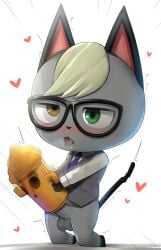 1boy :o animal_crossing animal_ears black-framed_eyewear blonde_hair blue_necktie blush bottomless brown_eyes cat_boy cat_ears cat_tail furry furry_male glasses green_eyes heterochromia highres kneeling lloid_(animal_crossing) long_sleeves male_focus male_only necktie open_mouth raymond_(animal_crossing) shirt short_hair sinensian solo tail tongue tongue_out vest white_shirt