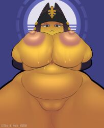 absurd_res animal_crossing ankha ankha_(animal_crossing) anthro belly big_breasts black_eyes black_hair bodily_fluids breast_grab breast_squish breasts domestic_cat dominant dominant_female egyptian erect_nipples eyeshadow felid feline felis female genitals hair hand_on_breast hi_res huge_breasts inviting looking_at_viewer looking_down_at_viewer makeup mammal markings narrowed_eyes nintendo nipples nude puffy_nipples pussy slightly_chubby solo squish sweat sweatdrop sweaty_breasts the_k-hole_(artist) thick_thighs wide_hips yellow_body