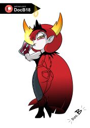 big_ass black_boots black_tiara blush blush blushing_at_viewer demon demon_girl disney doc.b drinking drinking_glass elf_ears fangs fingerless_gloves flame grey_pants hekapoo horns long_eyelashes long_hair star_vs_the_forces_of_evil white_skin wide_hips yellow_eyes yellow_horns yellow_pupils yellow_sclera