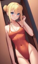 ai_generated blonde_hair blue_eyes butt_from_the_front emily_(emilys_extreme_beach_vacation) looking_at_viewer one_piece_swimsuit red_swimsuit