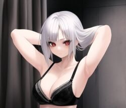 ai_generated almost_naked armpits arms_behind_head bedroom big_breasts black_bra black_wall bra curtains hair_lift looking_at_viewer medium_hair original original_character red_eyes silver_hair