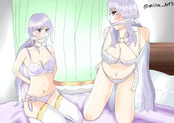 2girls arms_behind_back bare_midriff bare_thighs bed bondage bound bra breasts cleavage cleave_gag deirdre_(fire_emblem) female female_only femsub fire_emblem fire_emblem:_genealogy_of_the_holy_war gag gagged indoors julia_(fire_emblem) kneeling large_breasts long_hair medium_breasts midriff milla_arts mother_and_daughter multiple_girls multiple_subs nintendo on_bed panties pink_eyes pink_panties purple_hair restrained thighhighs thighs underwear very_long_hair white_panties