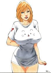 1girls blonde_hair dc dc_comics ed_benes_studio female female_only large_breasts looking_at_viewer power_girl solo superman_(series) t-shirt tagme vagner_fernandes white_background