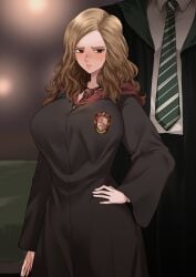 1boy 1girls absurd_res alternate_breast_size breasts brown_hair cape clothing curvy_hair female female_focus gryffindor gryffindor_symbol gryffindor_tie harry_potter hermione_granger hi_res high_resolution hogwarts hogwarts_school_uniform hogwarts_student huge_breasts imminent_sex large_breasts light_brown_hair male netorare ntr school_uniform schoolgirl schoolgirl_uniform slytherin slytherin_tie terasu_mc very_high_resolution witch wizard wizard_robe