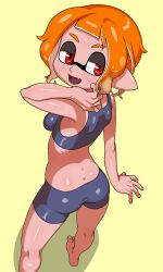 1girls ass ass_focus background bedroom_eyes digital_drawing_(artwork) digital_media_(artwork) female female_focus female_only inkling inkling_girl looking_at_viewer looking_back orange_hair pose red_eyes splatoon splatoon_3 sportswear tight_clothing tight_shorts tight_tank_top tsuwitchii84 yellow_background