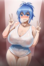 1girls big_breasts big_thighs blue_eyes blue_hair bodily_fluids breasts busty cleavage double_v female female_only genderswap genderswap_(mtf) huge_breasts huge_thighs kampfer kuro-bee large_breasts nipples_visible_through_clothing rule_63 see-through senou_natsuru solo solo_female sweat thick_thighs thighs v