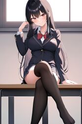 ai_generated black_hair full_body fully_body highs legs long_hair medium_breasts school_uniform schoolgirl short_skirt sitting_on_desk smile thigh thighs toes