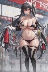 1girls ai_generated azur_lane bikini black_bikini black_hair breasts cleavage female huge_breasts jackets light-skinned_female light_skin long_hair long_legs navel red_eyes red_jacket stable_diffusion taihou_(azur_lane) taihou_(enraptured_companion)_(azur_lane) thighs