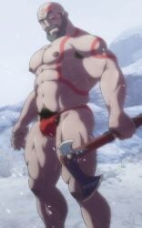 1boy abs axe bald bald_man bara beard beefy daddy dilf facial_hair funeral-paws god_of_war human kratos looking_at_viewer looking_down male male_nipples male_only male_pubic_hair male_thong manly mature_male muscles muscular_male muscular_thighs mustache outdoors outside pecs penis_bulge red_thong slutty_outfit smooth_skinned_male snow solo thick_thighs thighs thong_only