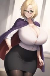 1girls ai_generated big_breasts bimbo blonde_hair breast cape cleavage curvaceous curvy curvy_female curvy_figure dress_shirt eyes feet_out_of_frame female female_only gigantic_breasts glasses glynda_goodwitch green_eyes huge_breasts large_breasts nai_diffusion no_bra pantyhose pencil_skirt rwby short_hair stable_diffusion standing teacher thick thick_thighs thighhighs transformationwitch voluptuous voluptuous_female wide_hips