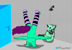 anthro assertive_male balls bathroom bodily_fluids cowering dominant duo genitals hybrid jack_(th3wackytrap) male male/male mammal mintie_(mintie_is_a_bottom) mustelid otter public_restroom restroom_stall shower t-pose tears th3wackytrap tiled_background upside-down