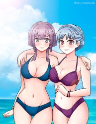 2girls alternate_costume beach bernadetta_von_varley bikini black_eyes blue_bikini blue_hair blue_swimsuit breasts brown_eyes cleavage female female_only fire_emblem fire_emblem:_three_houses grey_eyes large_breasts looking_at_viewer marianne_von_edmund multiple_girls nintendo outdoors post-timeskip purple_bikini purple_hair purple_swimsuit rein_creamsoda short_hair small_breasts swimsuit