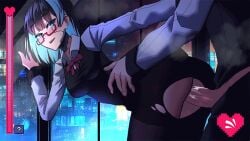 ambiguous_penetration animated bartender black_hair blue_eyes blue_highlights female game game_cg glasses hair happy happy_sex looking_back looking_pleasured paradise_overlap ripped_pants suit tina_(paradise_overlap)