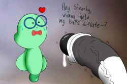 balls big_balls big_penis blush bodily_fluids bow_tie cartoon_network dot_eyes duo english_text erection eyewear genital_fluids genitals gigaboy glasses green_body huge_balls huge_cock male male/male no_humans non-human panda_(wbb) penis precum question_mark shmorby smile text toony we_bare_bears worm