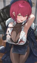 1girls armpits arms_up bra breasts cleavage female hat heterochromia hips hololive hololive_fantasy hololive_japan hood_x_art houshou_marine huge_breasts light-skinned_female light_skin name_tag naughty_face red_eyes red_hair short_hair sleeveless suggestive_look thick_thighs thighs virtual_youtuber wide_hips yellow_eyes