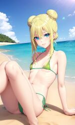 ai_generated beach blonde_hair blue_eyes emily_(emilys_extreme_beach_vacation) green_bikini hair_buns micro_bikini sitting_on_sand small_breasts