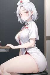 1girls ai_generated blush breasts cleavage drake_(nikke) embarrassed female goddess_of_victory:_nikke hi_res indoors large_breasts light-skinned_female light_skin nurse nurse_cap nurse_outfit nurse_uniform short_hair stable_diffusion thick_thighs thighs white_hair