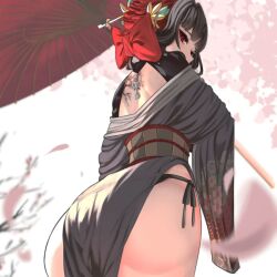 1girls 2023 absurd_res ass back_tattoo big_ass black_hair female female_focus goddess_of_victory:_nikke hips idckeidcke kimono looking_at_viewer looking_back panties parasol red_eyes sakura_(nikke) solo solo_female solo_focus tattoo thick_thighs thighs underwear