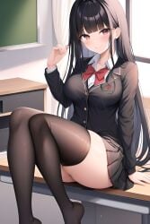 ai_generated black_hair full_body highs legs long_hair medium_breasts school_uniform schoolgirl short_skirt sitting_on_desk smile thigh thighs toes