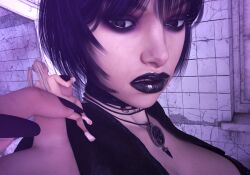 2girls 3d black_hair black_lipstick black_shirt eye_shadow giantess goth goth_girl jetslasher lipstick macro micro naked naked_female necklace nude nude_female original original_character short_hair size_difference twintails