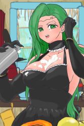 1girls adjusting_hair annand_(fire_emblem) apron breasts cleavage cream elbow_gloves female female_only fire_emblem fire_emblem:_genealogy_of_the_holy_war food food_play gloves green_eyes green_hair indoors large_breasts long_hair looking_at_viewer maid naked_apron nintendo open_mouth solo suggestive ta_dasu_(tadasu_hayashi) tongue tongue_out window