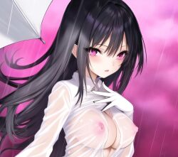 1girls big_breasts black_hair blush braless busty collar female female_focus female_only long_hair looking_at_viewer nipples nipples_visible_through_clothing no_bra_under_clothes original original_character pink_eyes pink_nipples pink_sky rain raining schoolgirl see-through see-through_clothing umbrella unzipped viewer_holding_umbrella wet wet_clothes white_gloves white_shirt