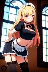 ai_generated alternate_costume apron black_choker black_shirt black_skirt black_stockings black_thighhighs blonde_hair blush breasts choker cleavage cowboy_shot crop_top ear_piercing earrings enmaided female frills garter_belt garter_straps jewelry kitagawa_marin lingerie long_hair looking_at_viewer maid maid_apron maid_headdress medium_breasts midriff miniskirt navel piercing pikkiwynn puffy_sleeves red_eyes shirt short_sleeves skindentation skirt solo sono_bisque_doll_wa_koi_wo_suru stockings stomach thighhighs thighs waist_apron window zettai_ryouiki