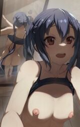 ass azusa_nakano_(k-on!) black_hair black_shirt breasts brown_eyes dildo female highres indoors k-on! kasseusmaximus mirror nipples open_mouth pussy_juice reflection selfie sex_toy shirt small_breasts solo spaghetti_strap squatting sweat tank_top twintails