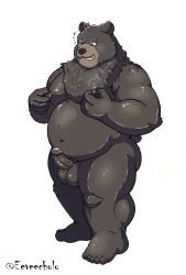 2023 absurd_res anthro balls bear belly black_nose eeveecholo erection genitals hi_res kemono male mammal moobs navel nipples one_eye_closed overweight overweight_male penis scar simple_background solo white_background