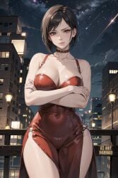 ada_wong ada_wong_(caroline_ribeiro) ai_art_panwho ai_generated asian asian_female big_breasts black_hair china_dress choker city cityscape cleavage dress looking_at_viewer night red_dress resident_evil resident_evil_4 short_hair slutty_outfit stable_diffusion thighs