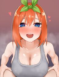 1boy :d amog big_breasts blue_eyes breasts cleavage commentary_request female go-toubun_no_hanayome green_hairband grey_sports_bra hairband heart large_breasts looking_at_viewer nakano_yotsuba orange_hair paizuri paizuri_under_clothes pov pov_crotch short_hair simple_background small_penis smile sports_bra steaming_body straight sweat teeth upper_teeth_only