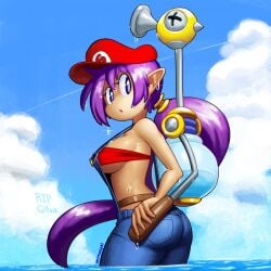 1girls bikini_top female female_only fludd hat jumpsuit looking_back mario_(cosplay) mario_(series) minus8 pants pointy_ears purple_hair shantae shantae_(character) smooth_skin solo super_mario_sunshine tagme