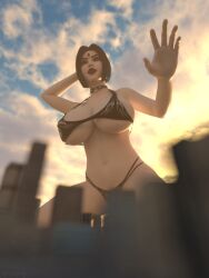 1girls bikini black_bikini collar dc dc_comics giantess giga_giantess goth goth_girl grey_skin imminent_destruction jgrfgts looking_down midriff rachel_roth raven_(dc) short_hair teen_titans